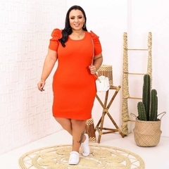 Vestido Midi Canelado Manga Bufante Plus Size Laranja - comprar online