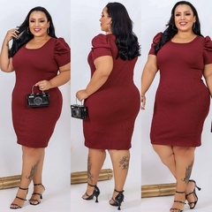 Vestido Midi Canelado Manga Bufante Plus Size Marsala