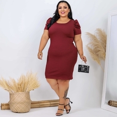 Vestido Midi Canelado Manga Bufante Plus Size Marsala - Ímpeto Modas