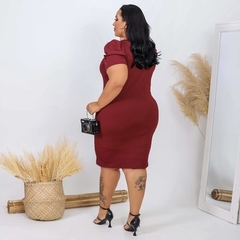 Vestido Midi Canelado Manga Bufante Plus Size Marsala - loja online