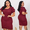 Vestido Midi Canelado Manga Bufante Plus Size Pied De Poule Vermelho