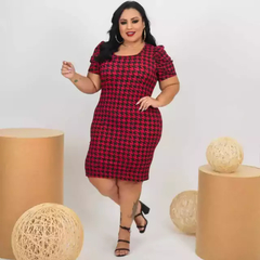 Vestido Midi Canelado Manga Bufante Plus Size Pied De Poule Vermelho - comprar online