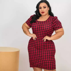 Vestido Midi Canelado Manga Bufante Plus Size Pied De Poule Vermelho na internet