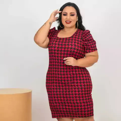 Vestido Midi Canelado Manga Bufante Plus Size Pied De Poule Vermelho - Ímpeto Modas