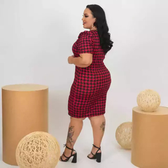 Vestido Midi Canelado Manga Bufante Plus Size Pied De Poule Vermelho - loja online