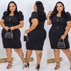 Vestido Midi Canelado Manga Bufante Plus Size Preto