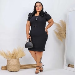 Vestido Midi Canelado Manga Bufante Plus Size Preto na internet