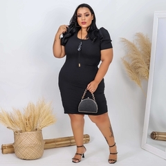 Vestido Midi Canelado Manga Bufante Plus Size Preto - Ímpeto Modas