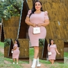 Vestido Midi Canelado Manga Bufante Plus Size Rosê