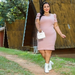 Vestido Midi Canelado Manga Bufante Plus Size Rosê - loja online