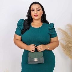 Vestido Midi Canelado Manga Bufante Plus Size Verde Jade - comprar online