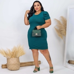 Vestido Midi Canelado Manga Bufante Plus Size Verde Jade - Ímpeto Modas