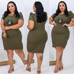 Vestido Midi Canelado Manga Bufante Plus Size Verde Militar