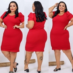 Vestido Midi Canelado Manga Bufante Plus Size Vermelho