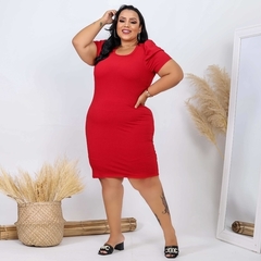 Vestido Midi Canelado Manga Bufante Plus Size Vermelho na internet