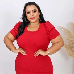 Vestido Midi Canelado Manga Bufante Plus Size Vermelho - Ímpeto Modas