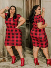 Vestido Midi Canelado Manga Bufante Plus Size Xadrez Preto Com Vermelho