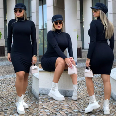 Vestido Midi Gola Alta Manga Longa Preto