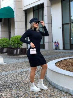 Vestido Midi Gola Alta Manga Longa Preto - loja online