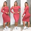 Vestido Midi Ombro a Ombro Manga Longa Rosa