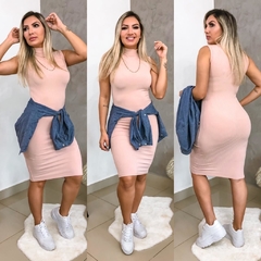 Vestido Midi Canelado Gola Alta Sem Manga Rosê