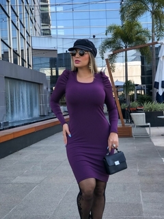 Vestido Midi Canelado Manga Longa Bufante Roxo - Ímpeto Modas