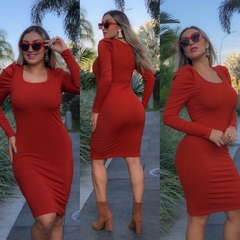 Vestido Midi Canelado Manga Longa Bufante Terracota