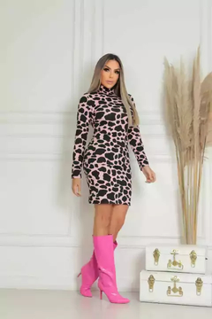 Vestido Midi Gola Alta Manga Longa Vaquinha Rosa - loja online