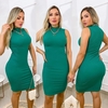 Vestido Midi Canelado Gola Alta Sem Manga Verde Folha