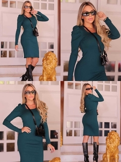 Vestido Midi Canelado Manga Longa Bufante Verde Jade