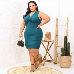 Vestido Midi Canelado Nozinho Plus Size Verde Jade - loja online