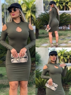 Vestido Curto Decote Gota Manga Longa Ombro Vazado Verde Militar - loja online