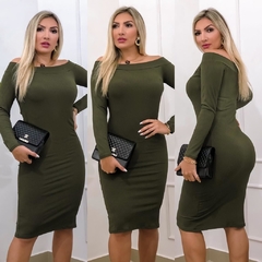 Vestido Midi Ombro a Ombro Manga Longa Verde Militar