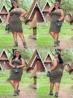 Vestido Midi Canelado Nozinho Plus Size Verde Militar