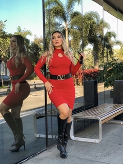 Vestido Curto Decote Gota Manga Longa Ombro Vazado Vermelho - comprar online