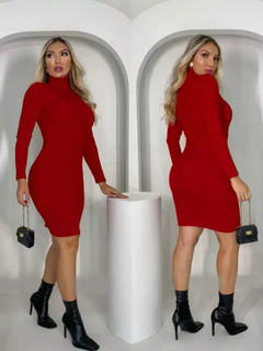 Vestido Midi Gola Alta Manga Longa Vermelho