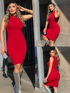 Vestido Midi Canelado Gola Alta Sem Manga Vermelho