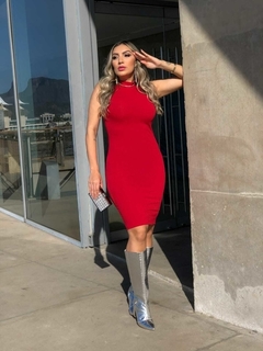 Vestido Midi Canelado Gola Alta Sem Manga Vermelho na internet