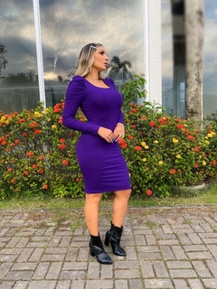 Vestido Midi Canelado Manga Longa Bufante Violeta - comprar online