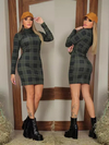 Vestido Midi Gola Alta Manga Longa Xadrez Preto Com Verde Militar