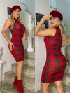 Vestido Midi Canelado Gola Alta Sem Manga Xadrez Preto Com Vermelho