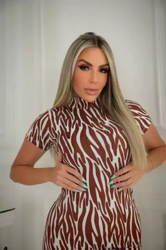 Vestido Curto Gola Alta Com Manguinha Zebra Caramelo - comprar online