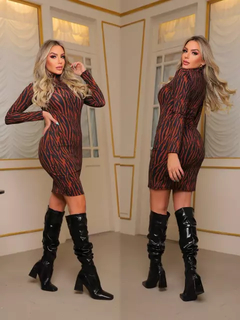 Vestido Midi Gola Alta Manga Longa Zebra Cobre