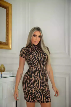 Vestido Curto Gola Alta Com Manguinha Zebra Dourada - Ímpeto Modas