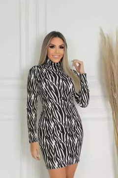 Vestido Midi Gola Alta Manga Longa Zebra - comprar online