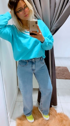 Calça jeans Wideleg cós duplo