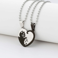 Collar Pareja Gatos Ying Yang de Corazón Acero Inoxidable Negro Plata Circulo - comprar en línea