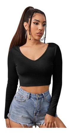 Blusa Cropped Decote V Manga Longa