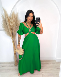 Vestido longo manga bufante verde