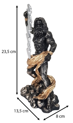 Escultura em resina Zeus com raio de metal feita artesanalmente